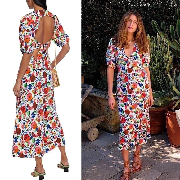 RIXO Floral Print Crepe Short Sleeve V-Neck Tied Cutout Open Back Midi Dress XS - Picture 6 of 16